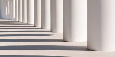 Obraz premium A series of white columns casting shadows on a smooth surface, creating a minimalist architectural aesthetic.