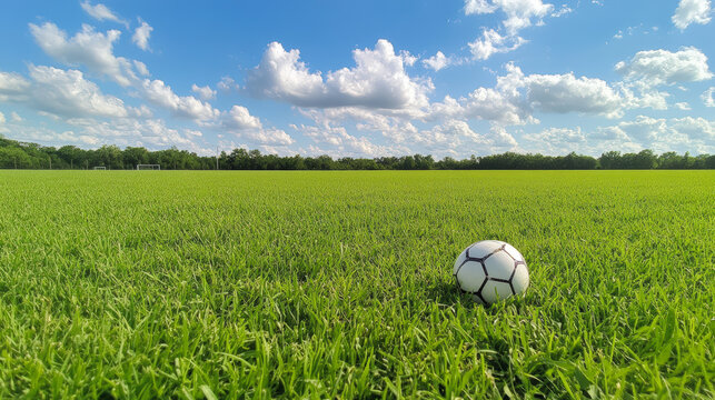 A soccer ball rests on a vast, green field under a blue sky filled with fluffy clouds, inviting play on a sunny day.