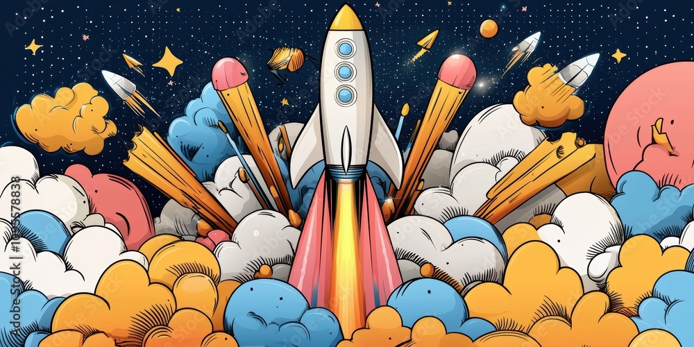 Aufkleber vibrant comic style rocket launch event outer space digital art futuristic environment dynamic viewp