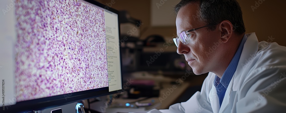 Poster biomedical analyst reviewing digit data in laboratory science environment focused research perspecti