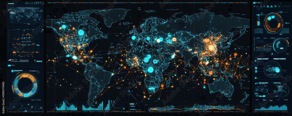 Poster comprehensive overview of a digital dashboard mapping global data trends technology sector interacti