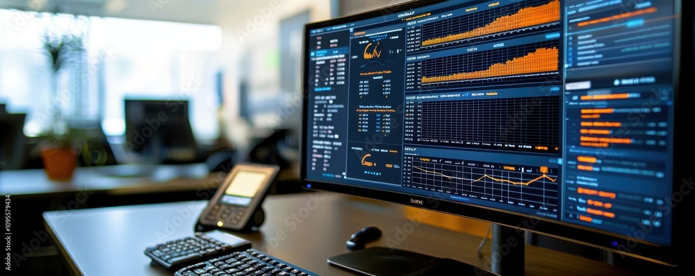 Poster real-time financial data analysis office workspace computer screen professional environment close-up
