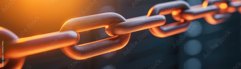 Poster concept of building cyber resilience for it infrastructure. close-up of a metallic chain link illumi