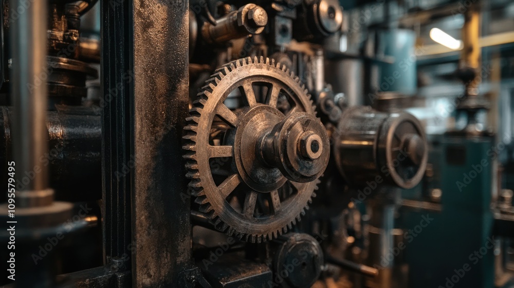 Poster close-up of a large gear in a rusty industrial machine