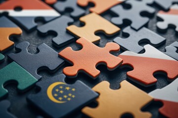 Obraz premium Globalization trade war concept. A colorful arrangement of puzzle pieces featuring various flags, symbolizing diversity and unity among different nations.