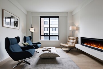 Stylish Minimalist Apartment Featuring Designer Armchairs and Futon by Electric Fireplace