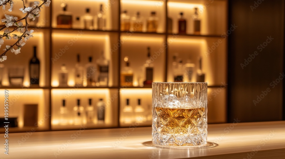 Poster elegant glass of whiskey on a bar counter surrounded by soft golden lighting with a display of bottl