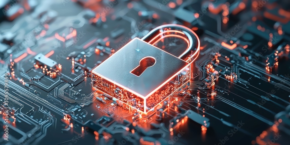 Poster dynamic abstract visualization of digital padlock with glowing edges cybersecurity concept technolog