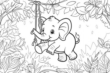 A cheerful cartoon elephant swings playfully from a rope among lush foliage, evoking a sense of joy and whimsy in this delightful black-and-white illustration.