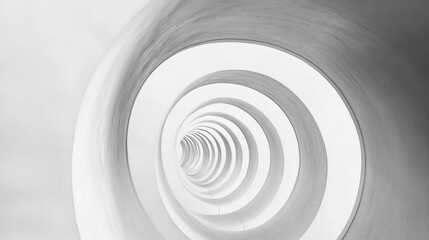 Fototapeta premium Abstract spiral tunnel with white concrete walls, leading into a bright light.