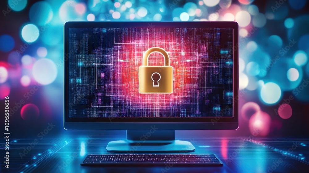 Poster digital security concept with lock symbol over computer screen surrounded by colorful light bokeh, r
