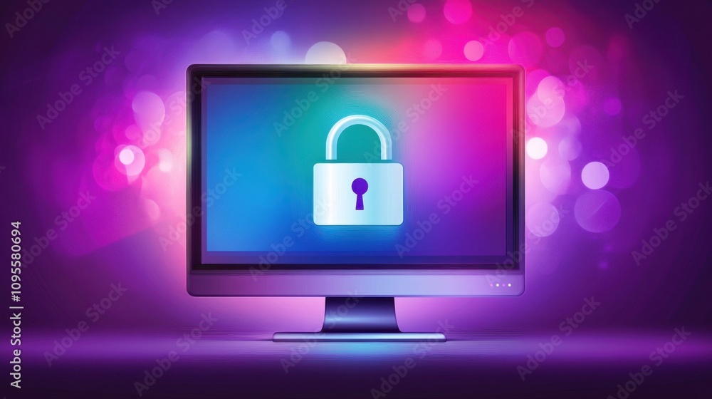 Poster digital security concept with locked icon on computer monitor and colorful background for cyber prot