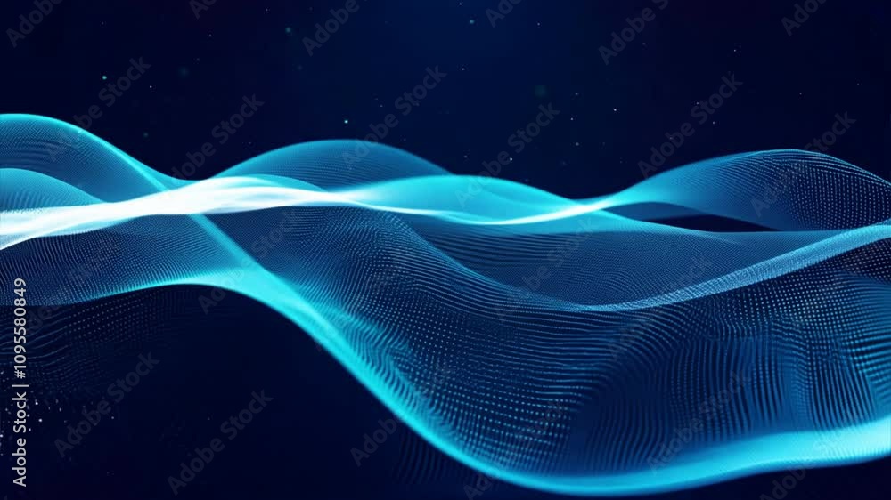 Poster abstract blue wave pattern featuring glowing lines and particles, creating sense of depth and moveme