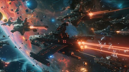 A breathtaking space battle unfolds as starships exchange fiery laser blasts, illuminating the cosmos. Fighters race across a vibrant galaxy with explosions and chaos over a planetary horizon.