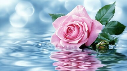 Beautiful Pink Rose Floating Elegantly on Calm Water Surface with Soft Bokeh Background, Evoking Serenity and Romance in Nature's Refined Display of Grace