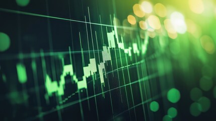 Fototapeta premium A close-up of a stock market chart on a computer screen, showing fluctuations in value with a green line and a blurred background of lights.