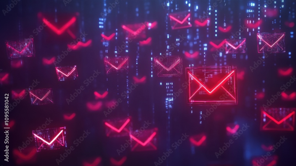 Poster glowing red email icons in a digital environment representing communication and cyber technology vib