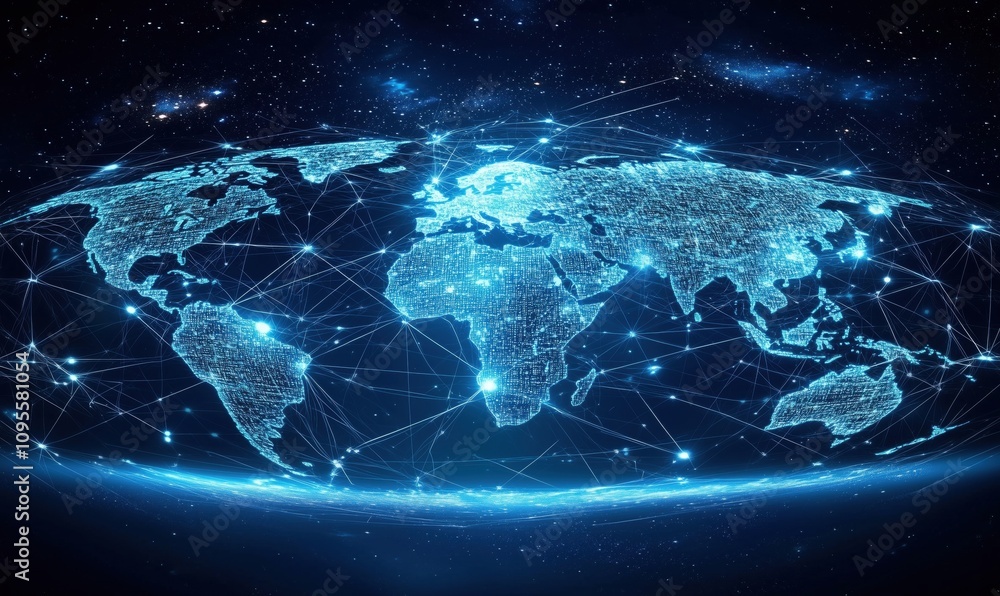 Poster digital world map with glowing connections, representing global network and technology. stars and ga