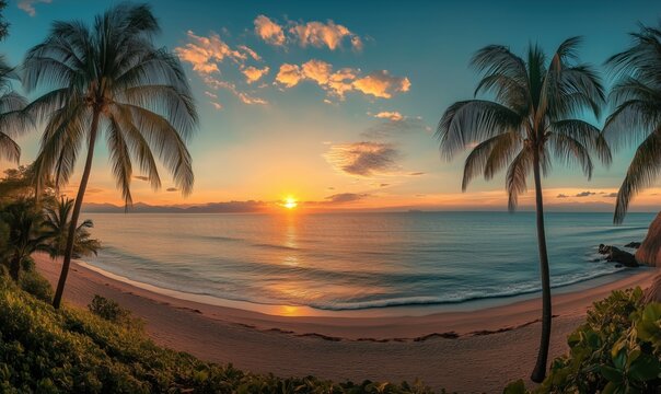 Sunset beach panorama with palm trees, tranquil ocean waves, vibrant sky colors, serene atmosphere