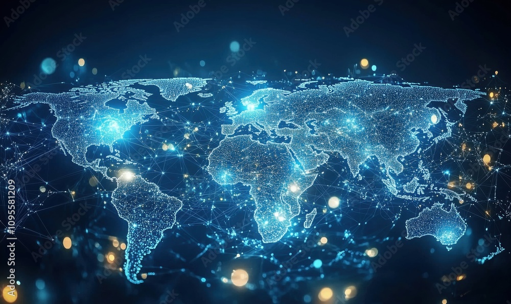 Aufkleber digital world map with glowing connections and lights, showcasing global network, data visualization