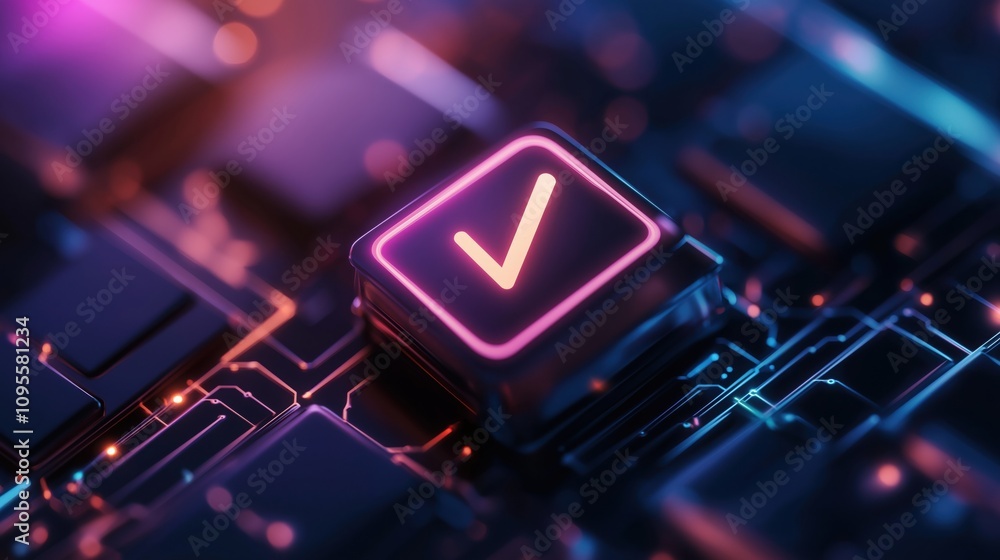 Poster a glowing checkmark key on a dark keyboard, symbolizing validation and success in a digital environm