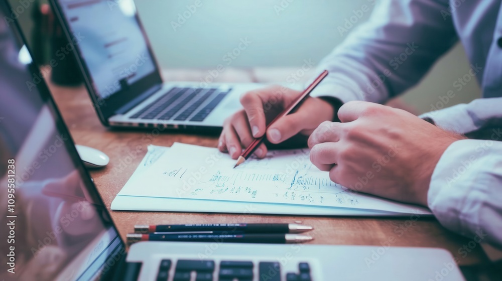 Poster a person writes notes while working on a project, surrounded by laptops and stationery on a wooden d