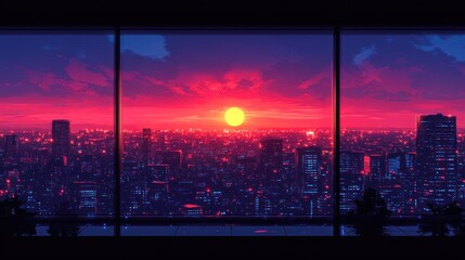 Cityscape Sunset Through Window