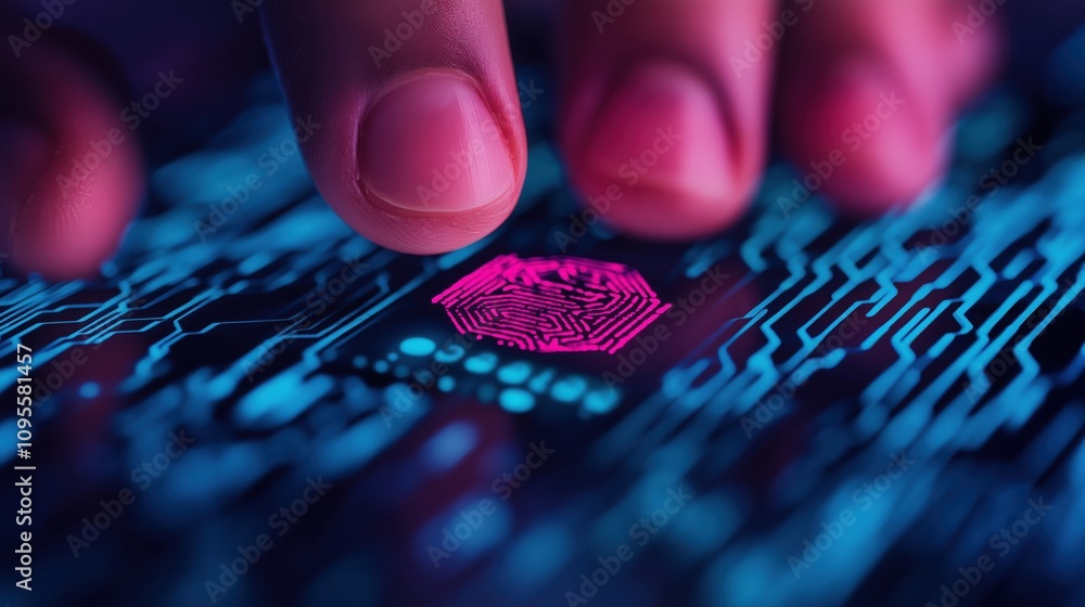 Poster a close-up image of a finger touching a glowing fingerprint sensor on a technological circuit board.