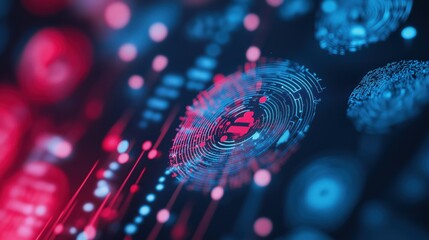 A vibrant digital landscape featuring abstract fingerprint patterns intertwined with glowing data points and circuitry motifs.