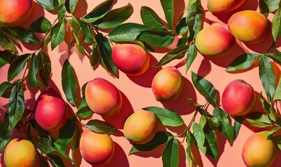 Mangoes with leaves on coral background, vibrant colors, fresh fruit arrangement, tropical aesthetic