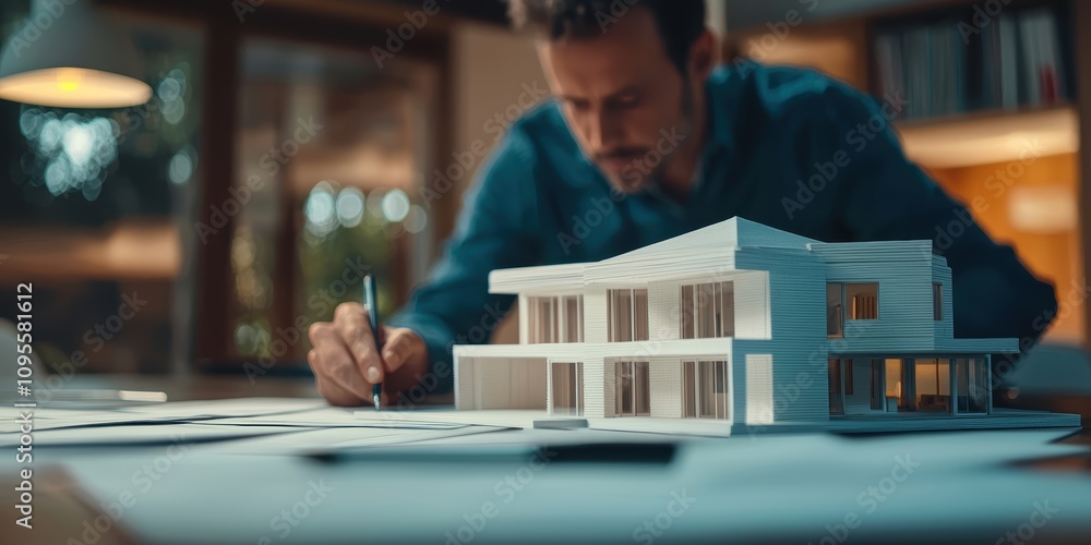 Poster architectural design session home office model creation modern environment close-up view creative pr