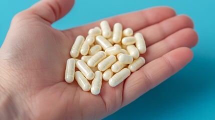 Fototapeta premium Hand Holding a Heap of White Supplement Pills, Close-Up View on a Vibrant Blue Background