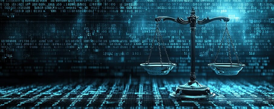 Innovative legal tech interface showcasing scales of justice on computer screen modern workspace digital environment