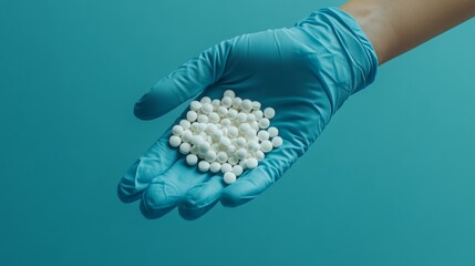 Obraz premium Close-Up, Alternative Medicine A Hand in Blue Glove Holds Homeopathic Pills, Teal Background