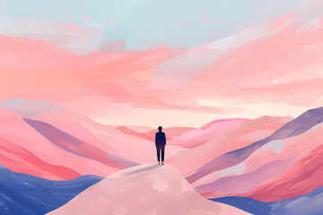 A solitary figure stands on a vibrant pink and blue landscape, gazing at the pastel sky at dawn, evoking feelings of tranquility and introspection.