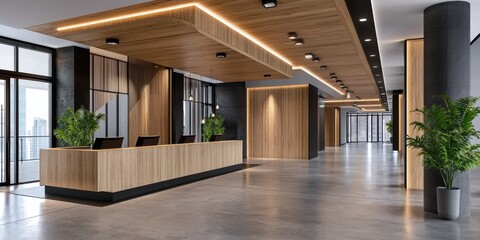 Luxury hotel reception hall with wooden wall design modern architecture elegant interior urban space contemporary style