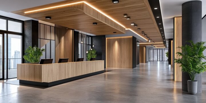 Luxury hotel reception hall with wooden wall design modern architecture elegant interior urban space contemporary style