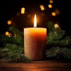 christmas candle with fir branches on a wooden table in a dark cozy room