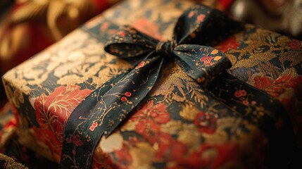 Close-up of a Gift Box with a Black and Red Ribbon