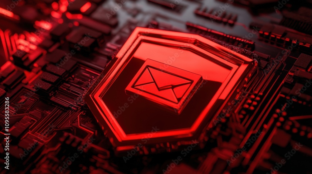 Poster digital security concept with red shield emblem featuring envelope icon on circuit board background 