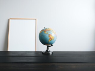 A lone globe on a dark wooden table creates a sense of balance and harmony in an otherwise minimalist space, table setting, natural wood