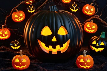 Illuminated Pumpkin on Dark Background for Halloween 2024