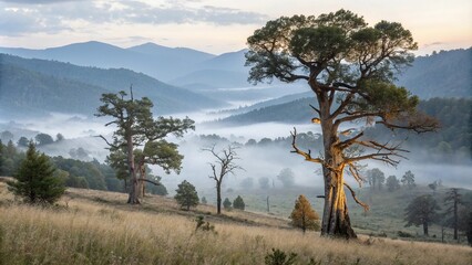 Obraz premium Ancient glowing trees standing in a misty valley with fog rolling in, glowing giant trees, ghostly foliage