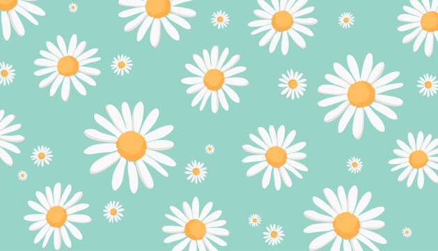 seamless pattern with daisies , green pastel background.