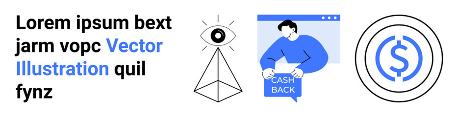 Cash back promotion with person holding Cash Back sign, eye pyramid, currency symbol. Ideal for finance, advertising, promotions, e-commerce, marketing, web design, graphic design. Landing page