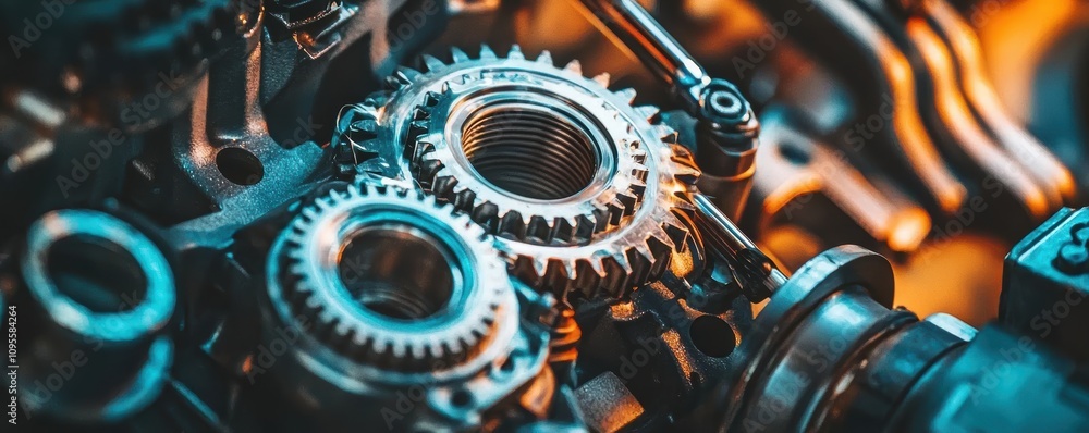 Poster assembling a car's transmission system auto workshop macro photography industrial environment close-