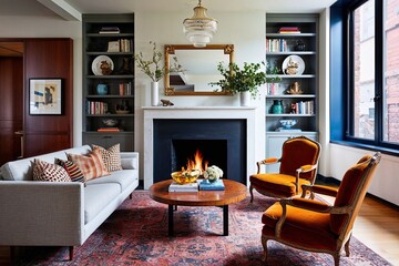 Stylish Eclectic Living Room with Modern Loveseat and Vintage Chairs by Urban Fireplace