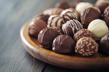 Wooden plate filled with chocolate