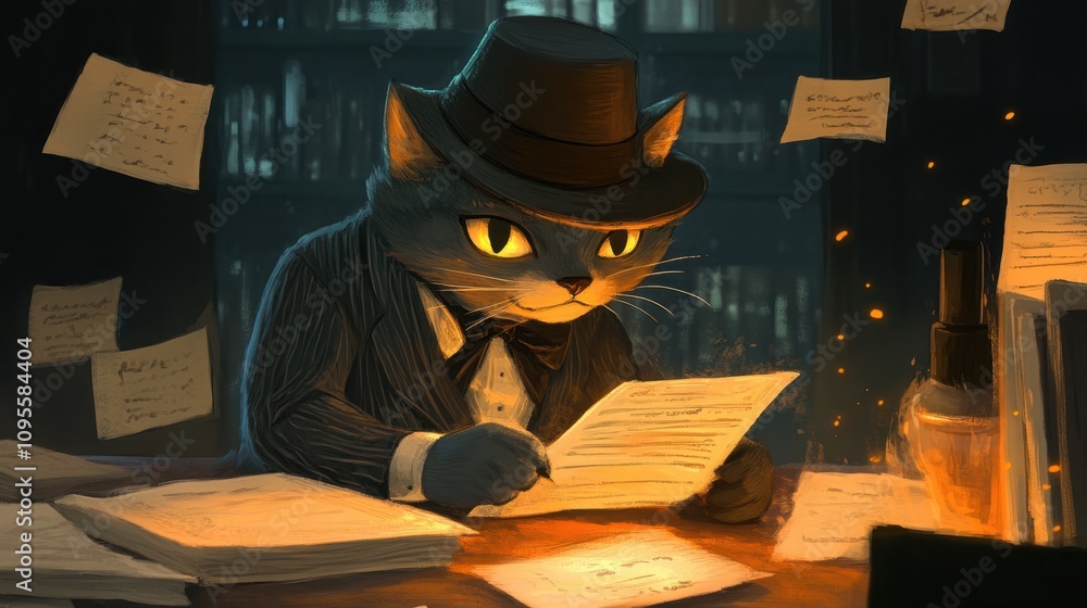Poster a sophisticated feline character adorned in a formal suit and hat, engrossed in reading papers amids