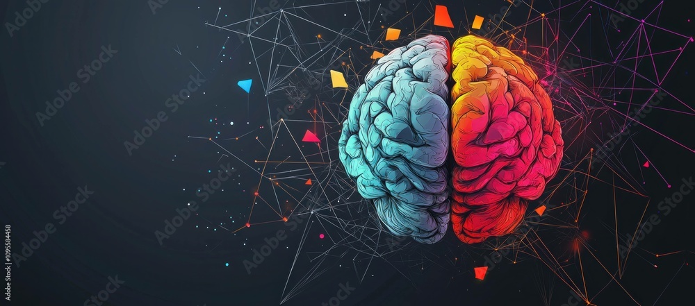 Poster creative and colorful digital illustration of a split brain with vibrant colors representing creativ